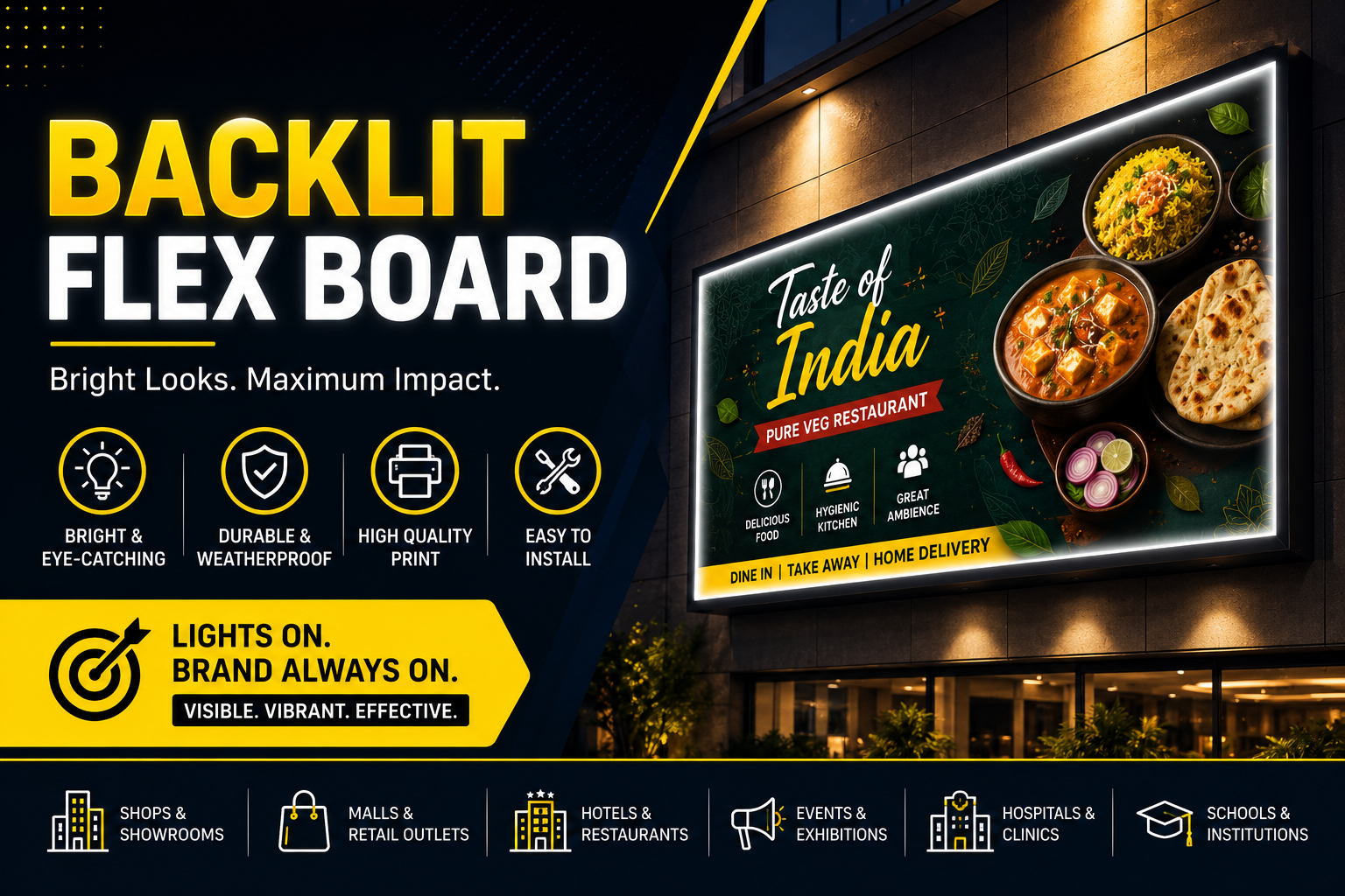 Backlit flex board in Vadodara - illuminated signage for night-time brand visibility