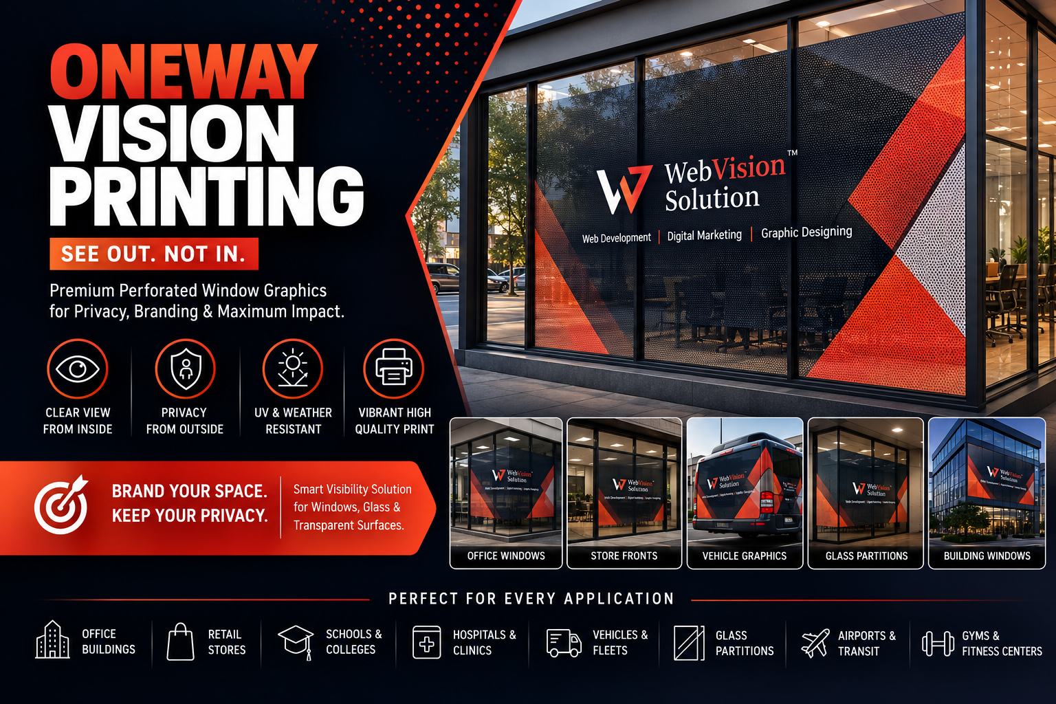 Oneway vision printing in Vadodara - perforated window graphics for storefronts, offices, and vehicle branding