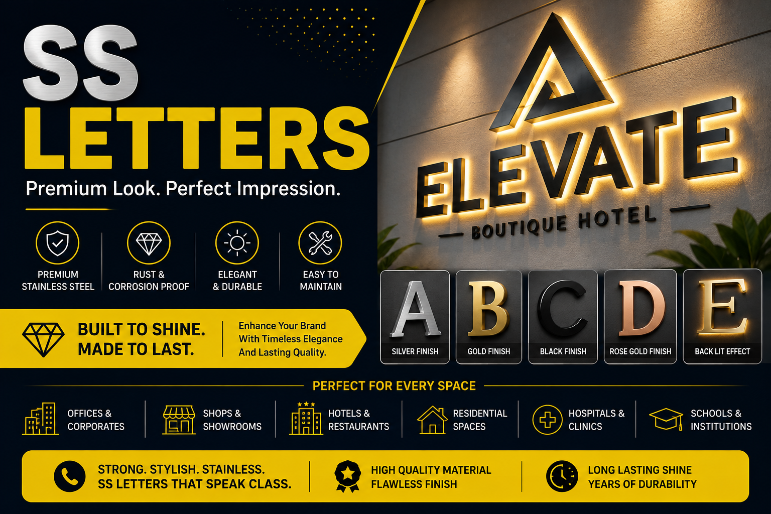 SS letters in Vadodara - premium stainless steel 3D letters for corporate branding and luxury storefronts