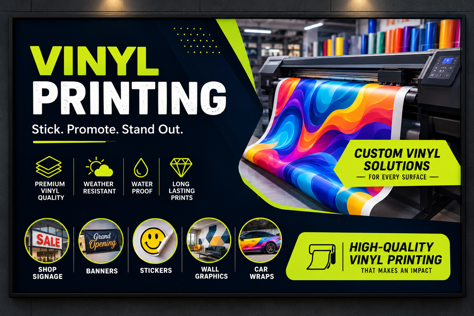 Vinyl printing in Vadodara - custom adhesive graphics for walls, vehicles, and window branding.